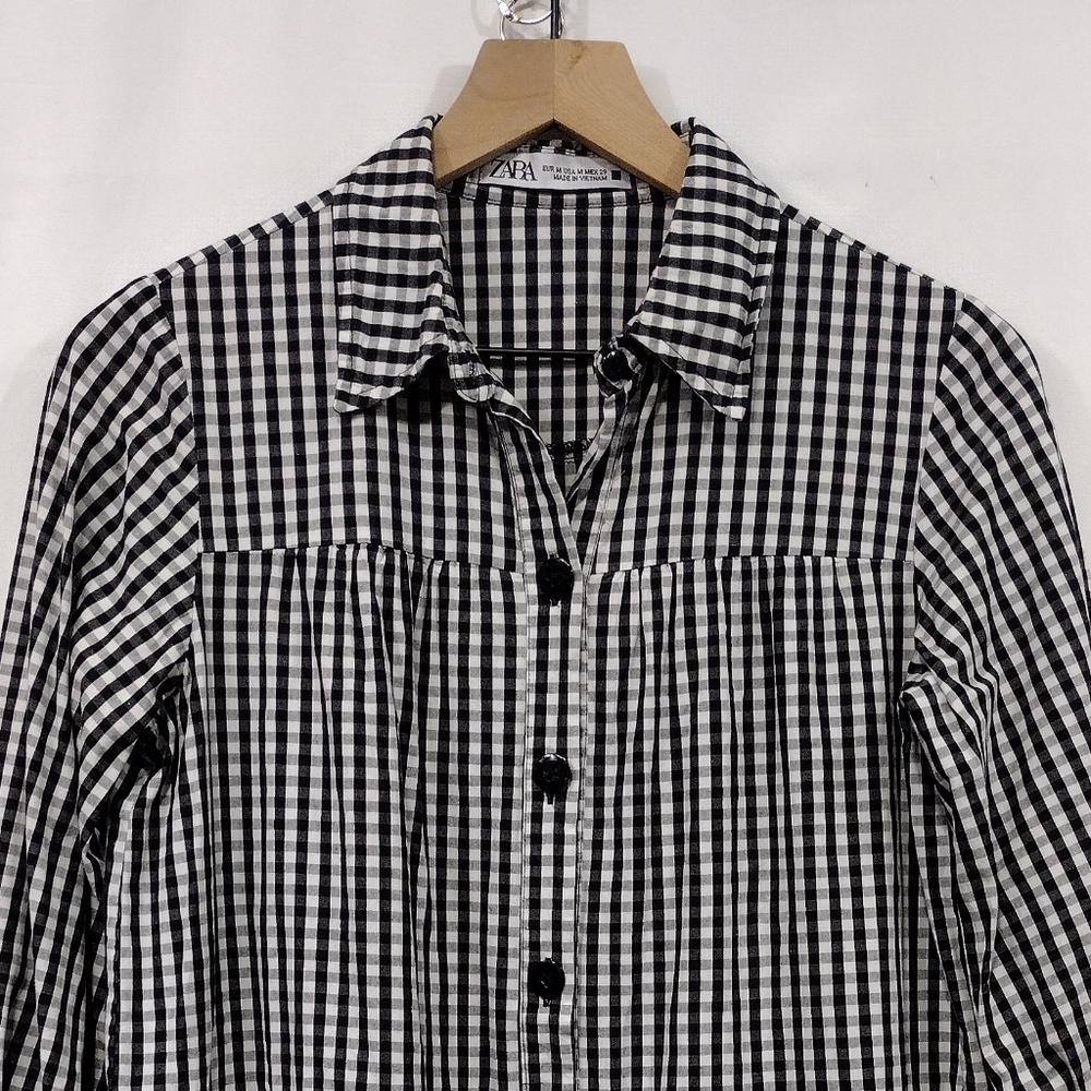 Zara Gingham Tiered Babydoll Dress Women's M Black White Boho Retro 90s Y2K - Picture 2 of 8